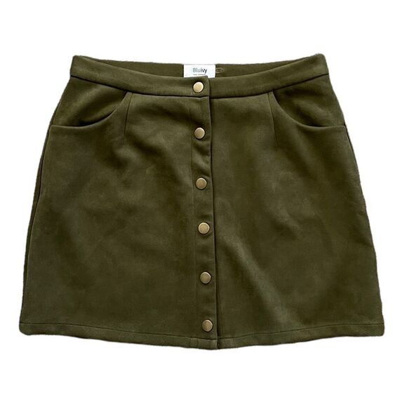 BLUEIVY Faux Suede Olive Green Button Down Mini Skirt Size Large - Picture 1 of 5